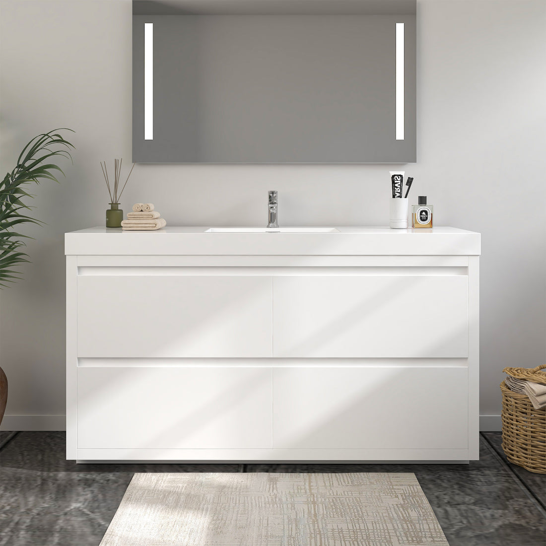 VanityArt 60-inch white single-sink freestanding bathroom vanity front view with LED mirror and chrome faucet
