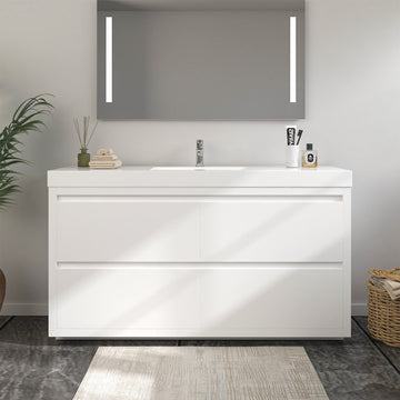 VanityArt 60-inch white single-sink freestanding bathroom vanity front view with LED mirror and chrome faucet