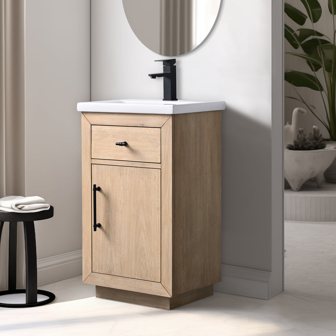 20x15.7x34’’ Single Sink Bathroom Vanity in Light Wheat with Ceramic Top