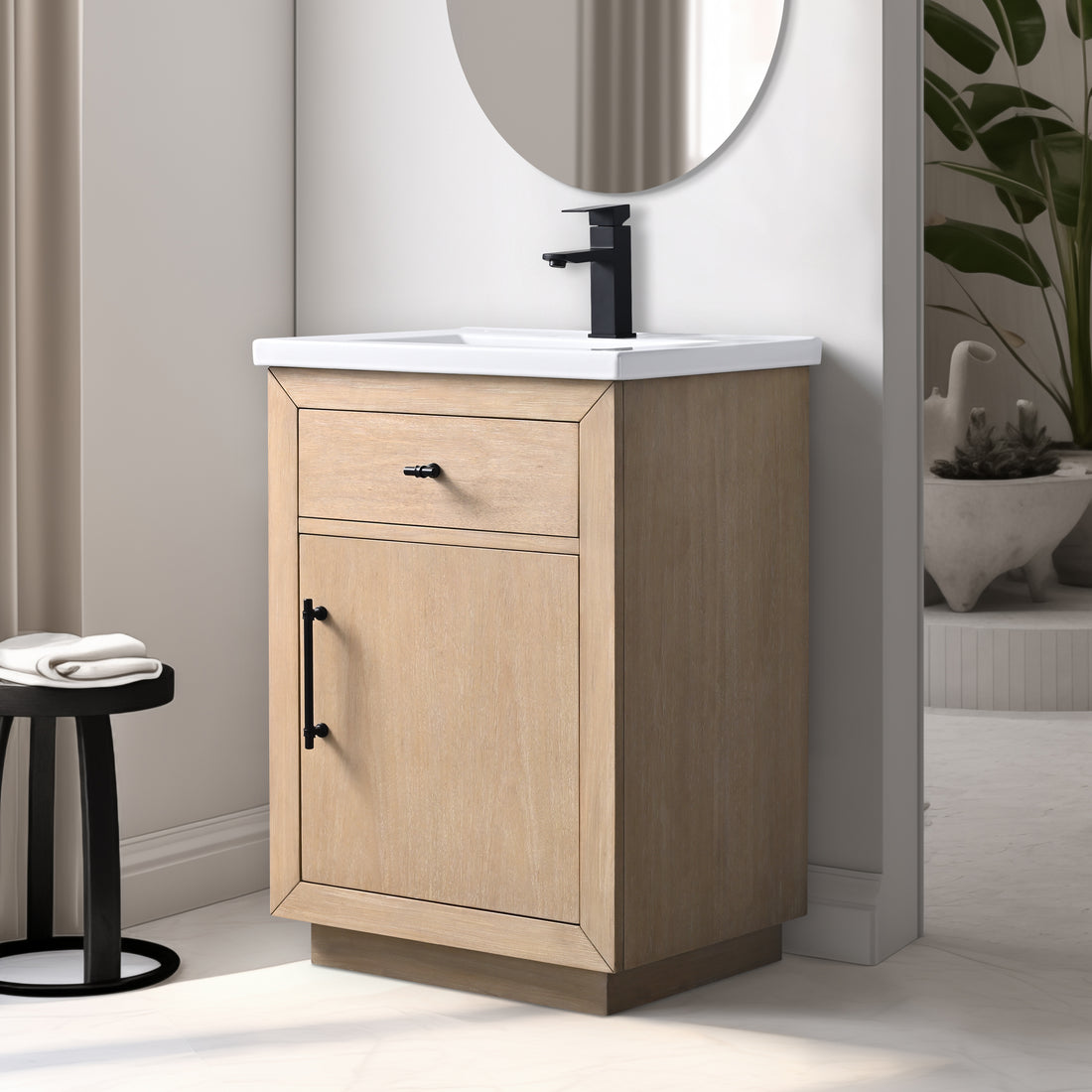 24x18.5x34’’ Single Sink Bathroom Vanity in Light Wheat with Ceramic Top
