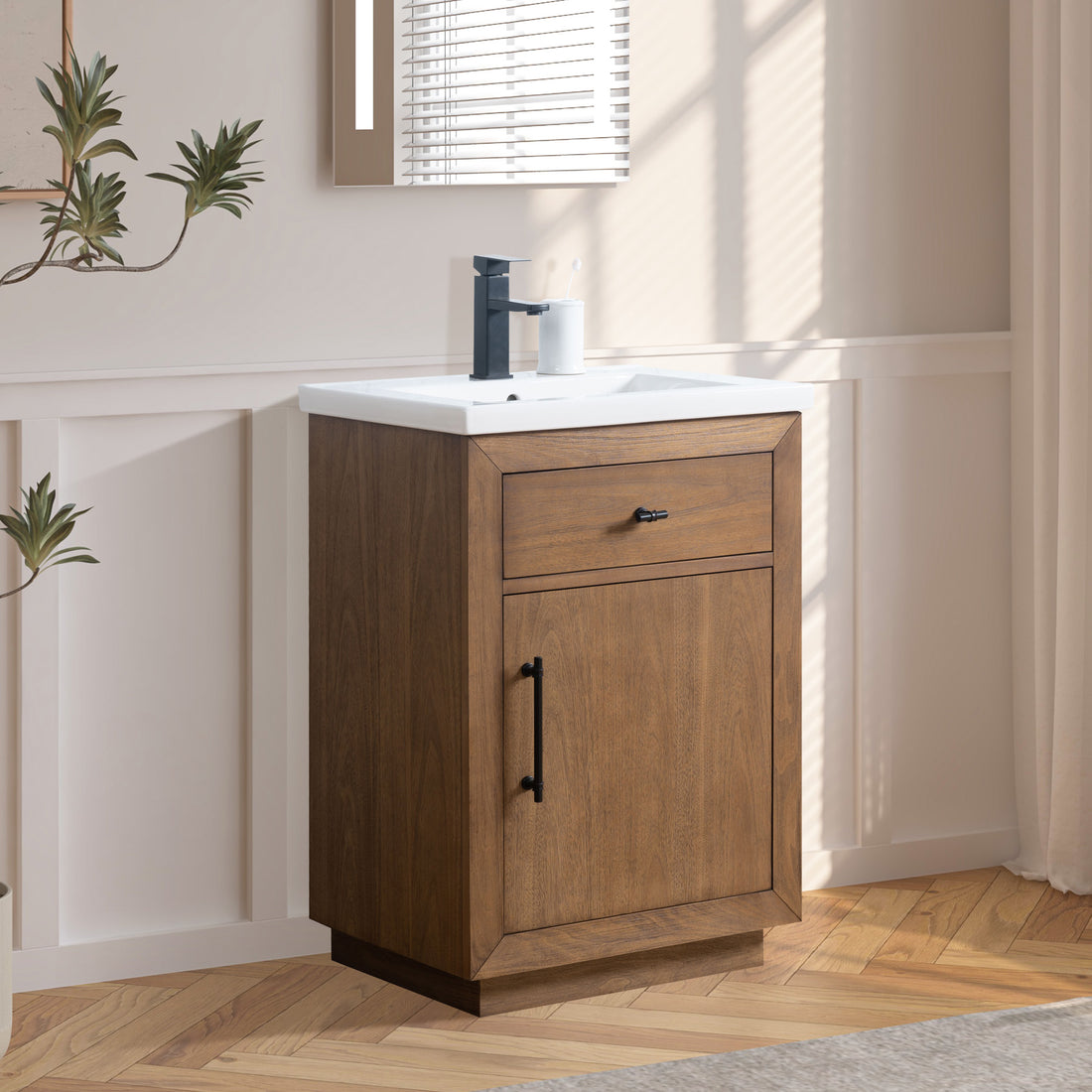 front view of 24x18.5x34’’ Single Sink Bathroom Vanity in Tan with Ceramic Top in the bathroom