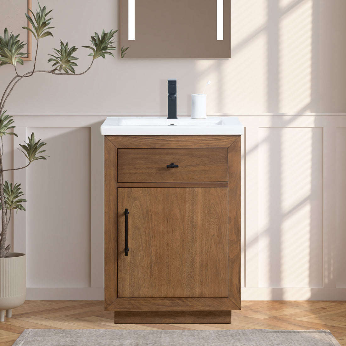front view of 24x18.5x34’’ Single Sink Bathroom Vanity in Tan with Ceramic Top in the bathroom