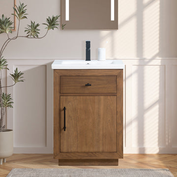 front view of 24x18.5x34’’ Single Sink Bathroom Vanity in Tan with Ceramic Top in the bathroom