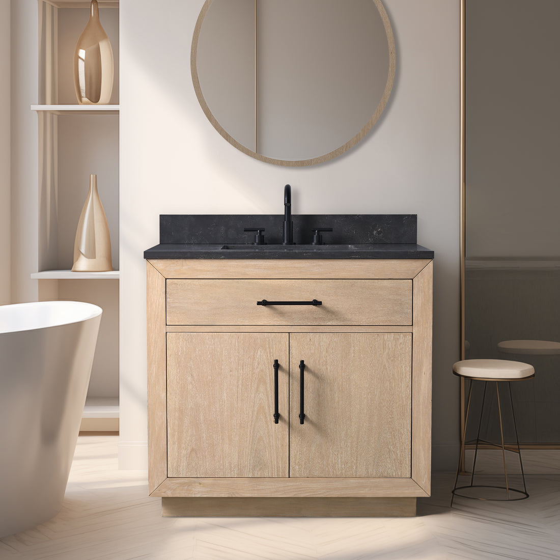 36x22x34’’ Single Sink Bathroom Vanity in Light Wheat with White Engineered Marble Top or Black Limestone Top