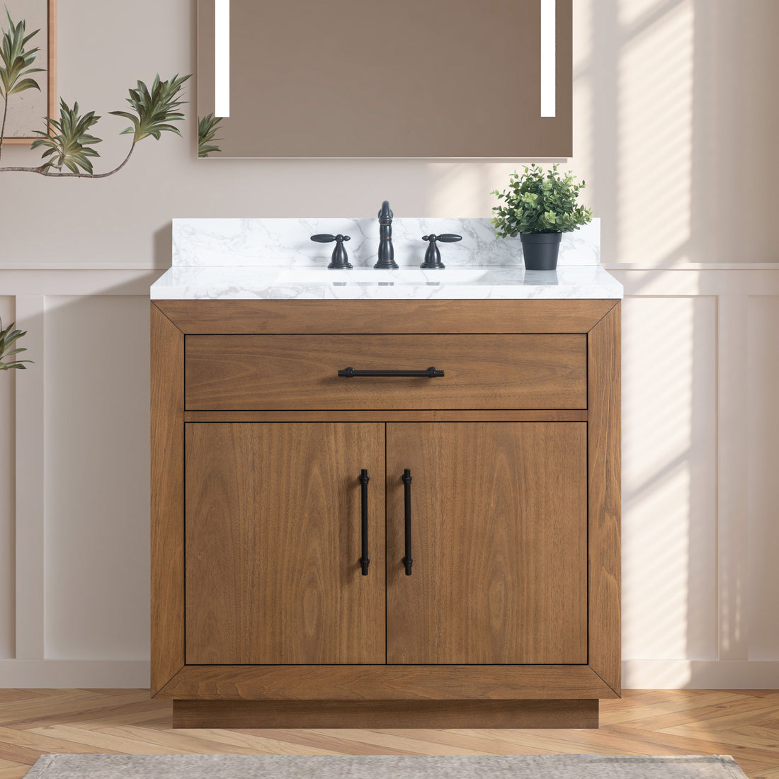 36-inch walnut bathroom vanity with marble top in neutral bathroom setting with mirror and plant decor