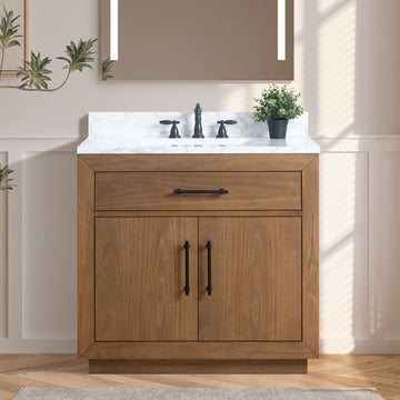 36-inch walnut bathroom vanity with marble top in neutral bathroom setting with mirror and plant decor