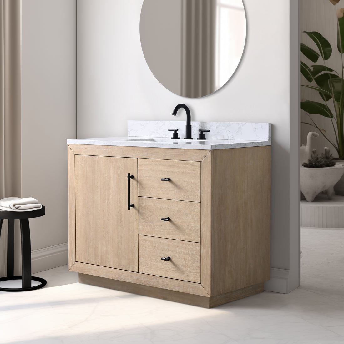 42x22x38’’ Single Sink Bathroom Vanity in Light Wheat with White Engineered Marble Top or Black Limestone Top