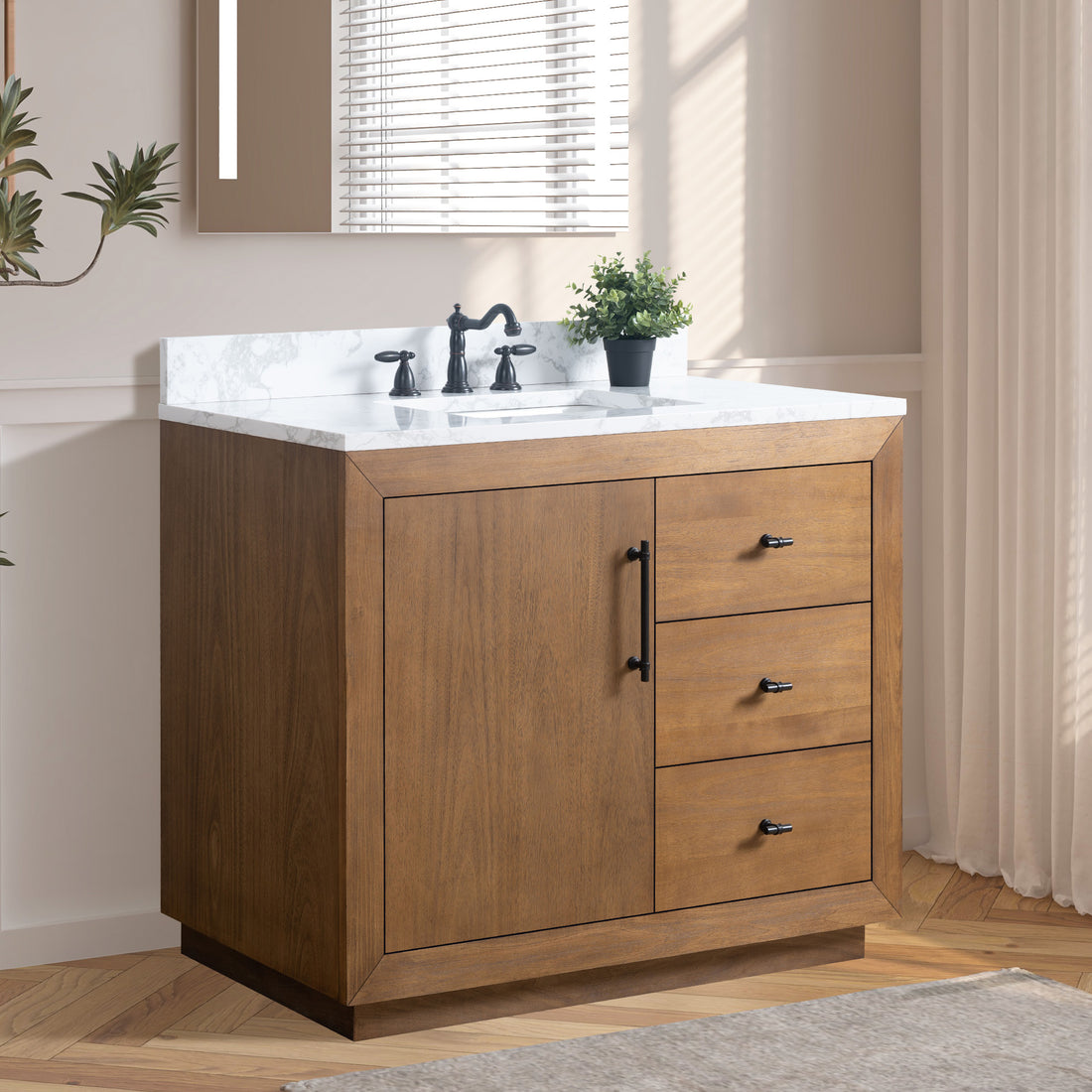 VanityArt 42-inch walnut bathroom vanity with marble top styled in neutral bathroom with LED mirror and indoor plants