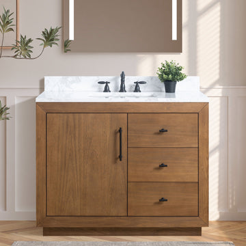 VanityArt 42-inch walnut bathroom vanity with marble top styled in neutral bathroom with LED mirror and indoor plants
