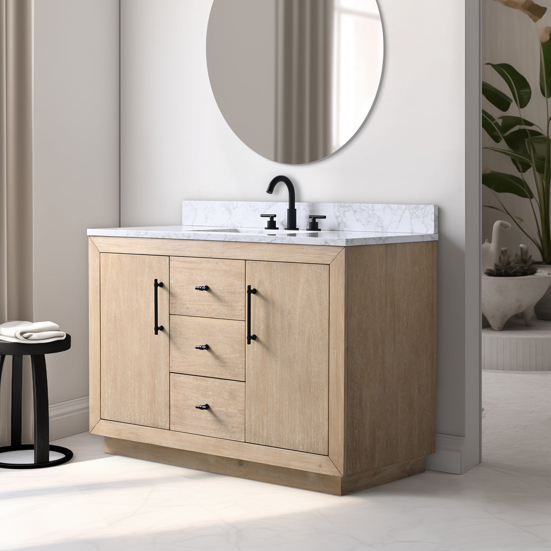 48x22x34’’ Single Sink Bathroom Vanity in Light Wheat with White Engineered Marble Top or Black Limestone Top