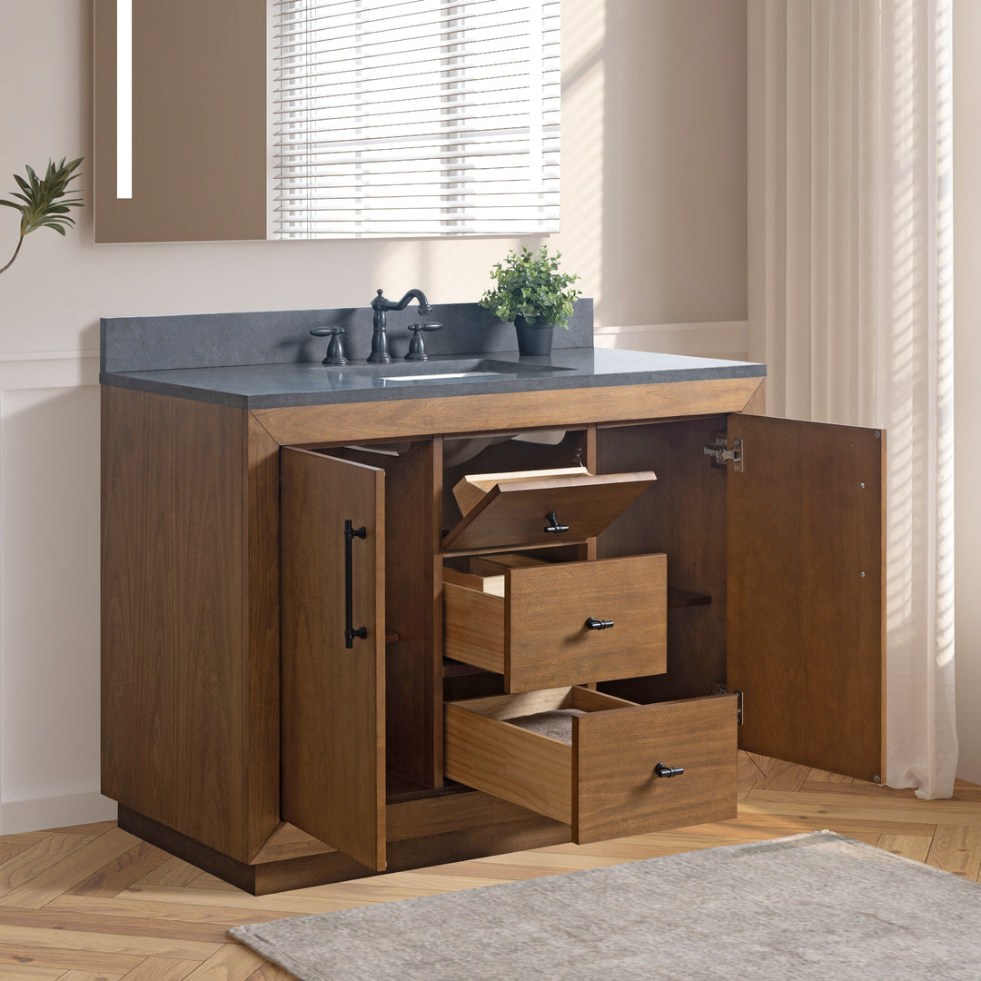 48x22x34’’ Single Sink Bathroom Vanity in Tan with Ceramic Top drawers opened