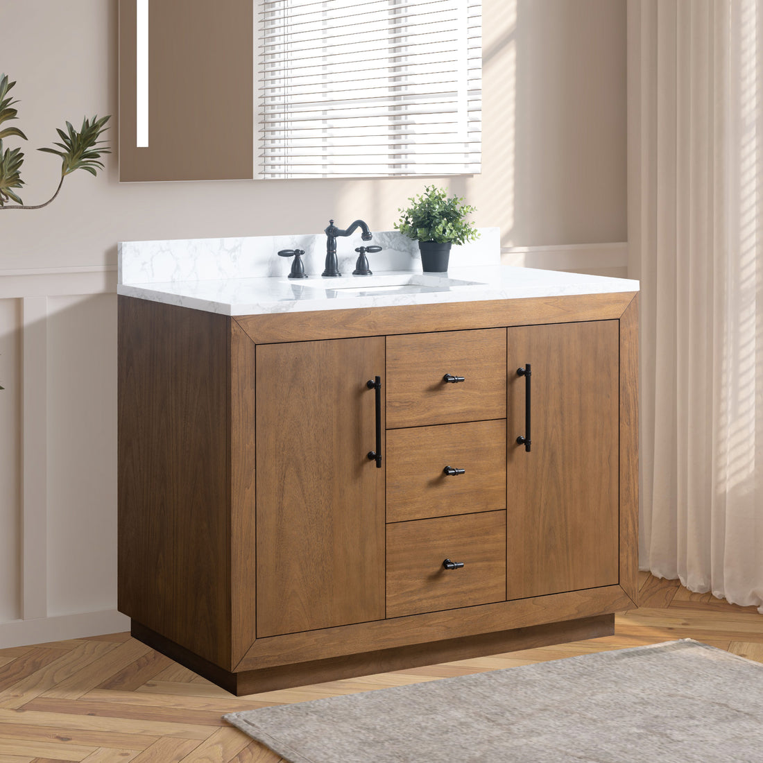 VanityArt 48-inch walnut bathroom vanity with white marble countertop and black faucet, front view in beige bathroom setting