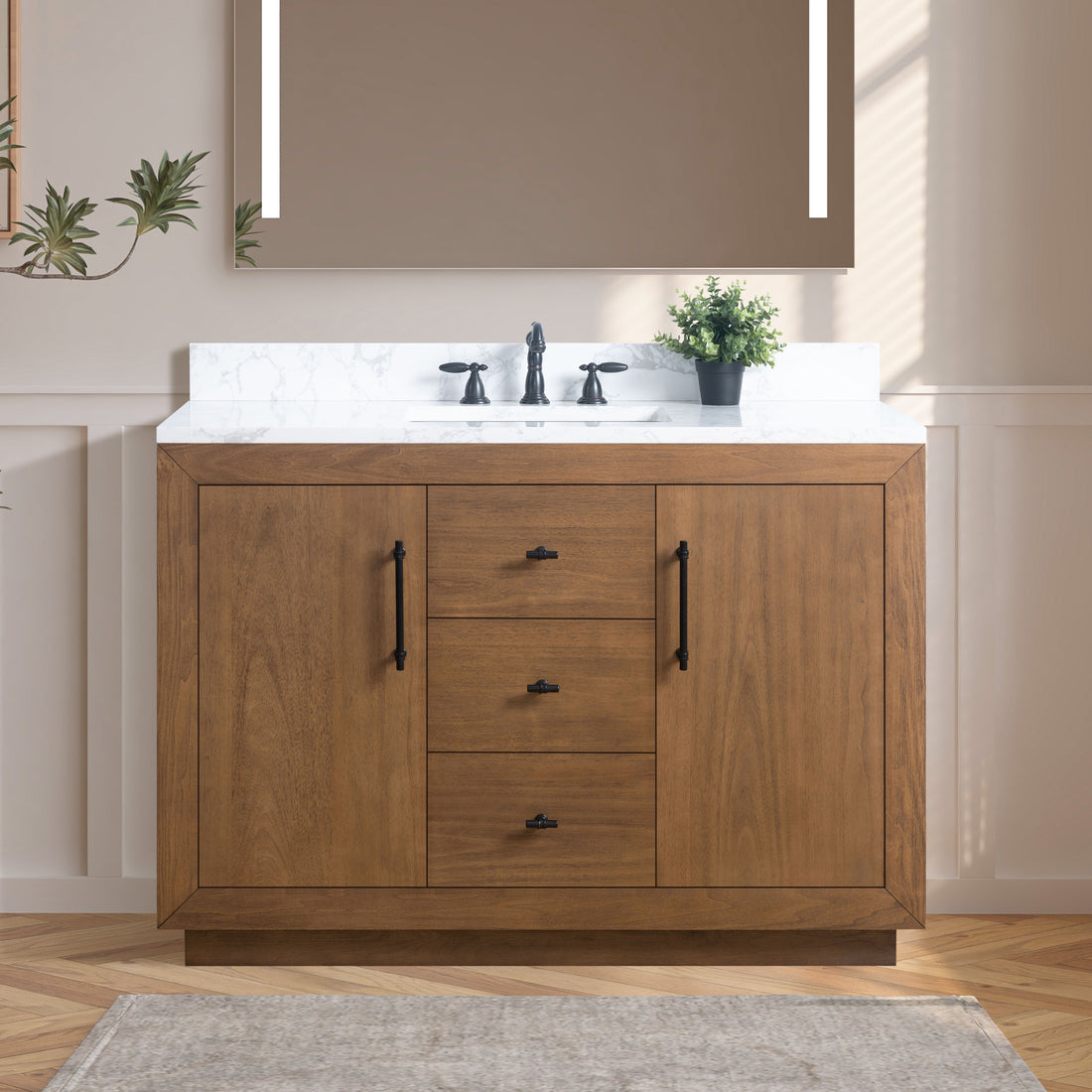 VanityArt 48-inch walnut bathroom vanity with white marble countertop and black faucet, front view in beige bathroom setting