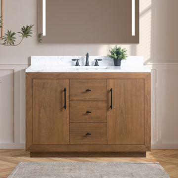 VanityArt 48-inch walnut bathroom vanity with white marble countertop and black faucet, front view in beige bathroom setting