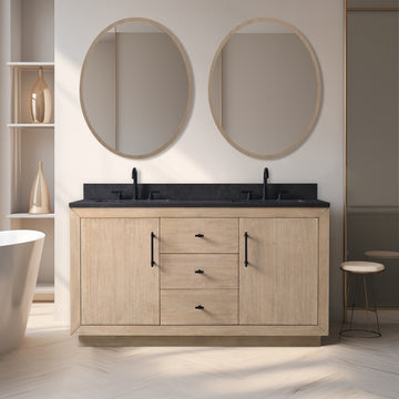 60x22x38’’ Double Sink Bathroom Vanity in Light Wheat with White Engineered Marble Top or Black Limestone Top