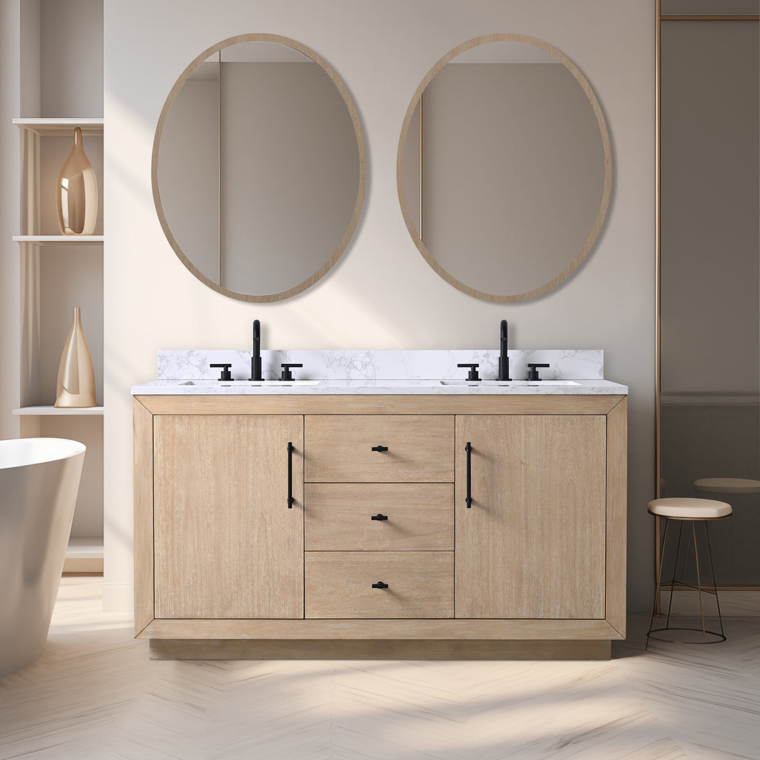 60x22x38’’ Double Sink Bathroom Vanity in Light Wheat with White Engineered Marble Top or Black Limestone Top
