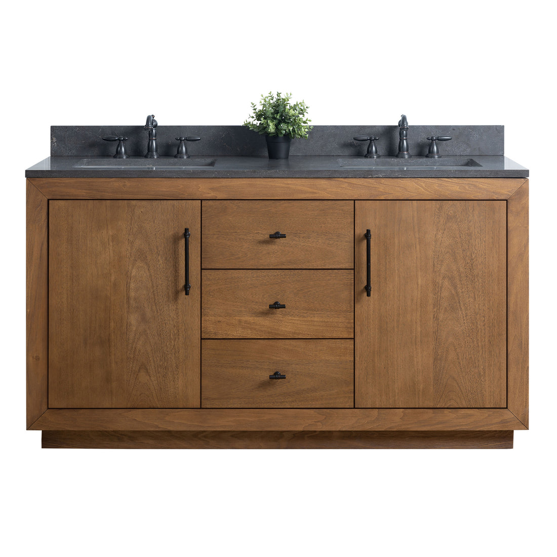 front view of 60 in. W x 22 in. D x 38 in. H Double Sink Bathroom Vanity in Tan with Black Limestone Top