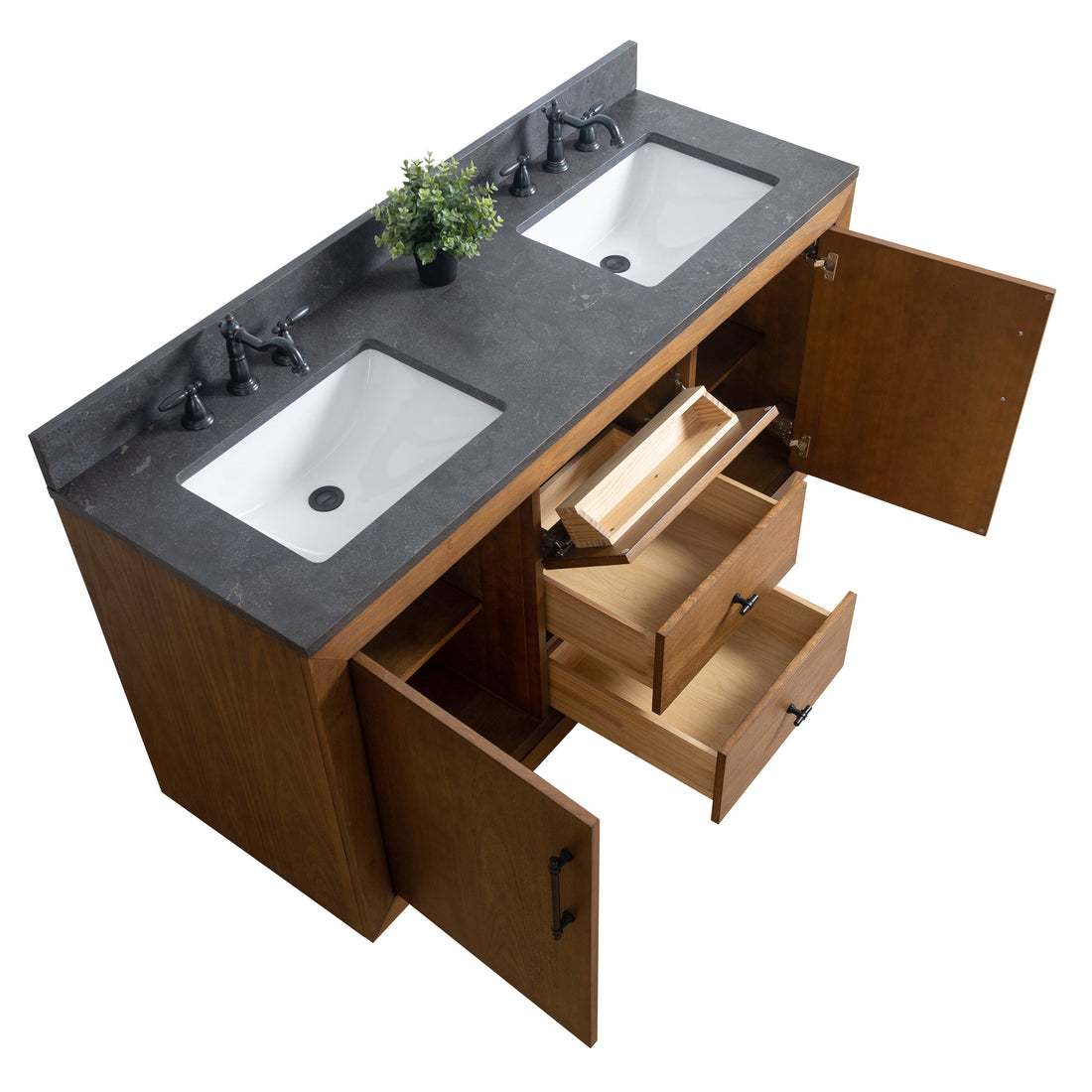 front view of 60 in. W x 22 in. D x 38 in. H Double Sink Bathroom Vanity in Tan with Black Limestone Top