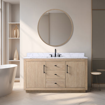 60x22x34’’ Single Sink Bathroom Vanity in Light Wheat with White Engineered Marble Top or Black Limestone Top