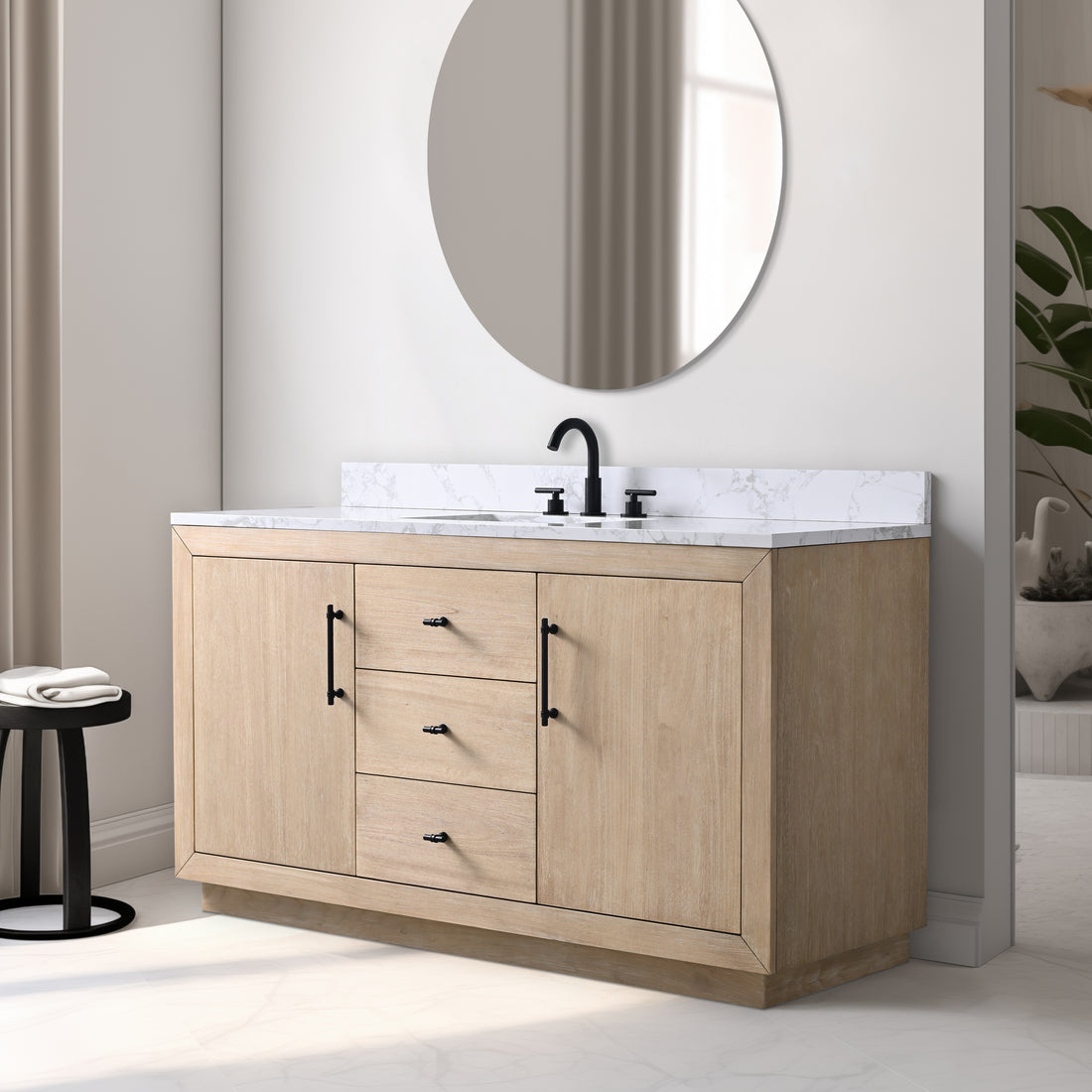 60x22x34’’ Single Sink Bathroom Vanity in Light Wheat with White Engineered Marble Top or Black Limestone Top