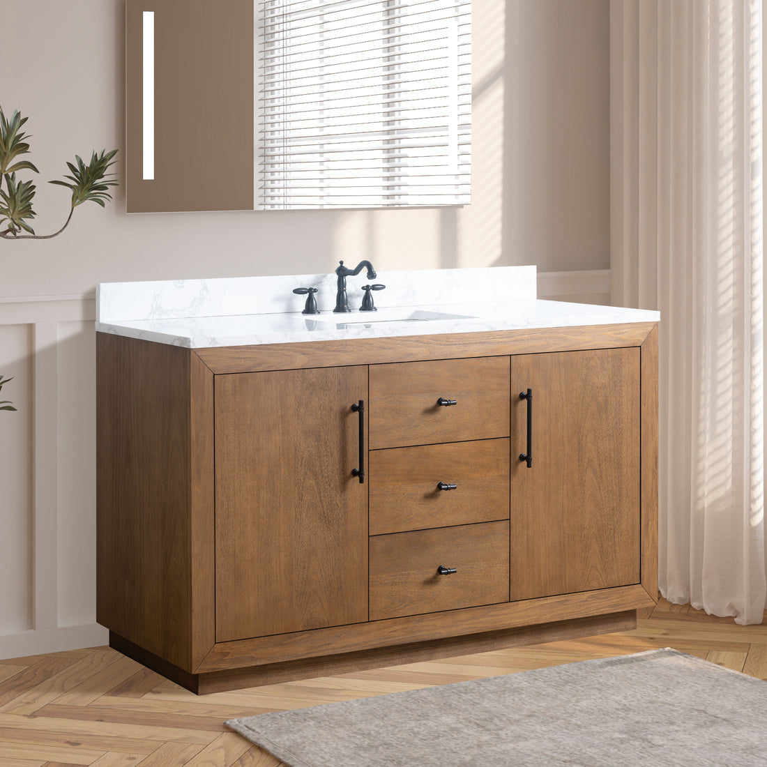 60-inch walnut bathroom vanity with white marble countertop installed in neutral bathroom with illuminated mirror above