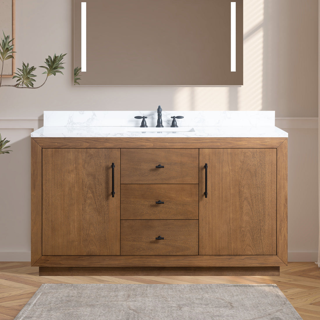 60-inch walnut bathroom vanity with white marble countertop installed in neutral bathroom with illuminated mirror above