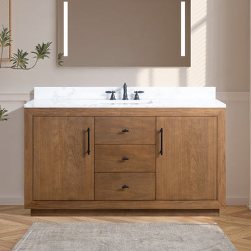 60-inch walnut bathroom vanity with white marble countertop installed in neutral bathroom with illuminated mirror above