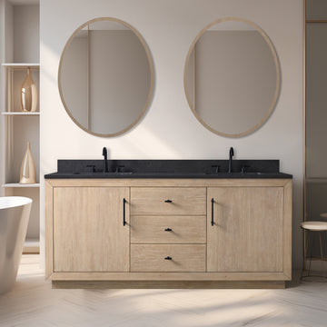 72x22x38’’ Double Sink Bathroom Vanity in Light Wheat with White Engineered Marble Top or Black Limestone Top