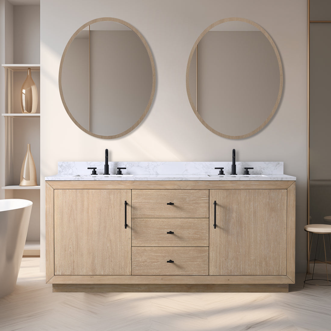 72x22x38’’ Double Sink Bathroom Vanity in Light Wheat with White Engineered Marble Top or Black Limestone Top
