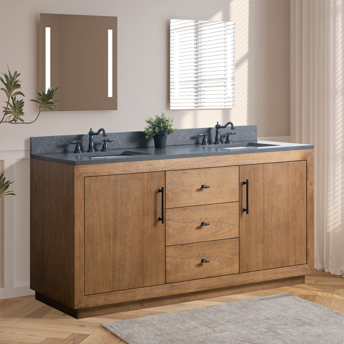 VanityArt 72-inch double sink bathroom vanity with black limestone top and walnut finish, front view with LED mirrors