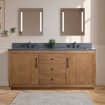 VanityArt 72-inch double sink bathroom vanity with black limestone top and walnut finish, front view with LED mirrors