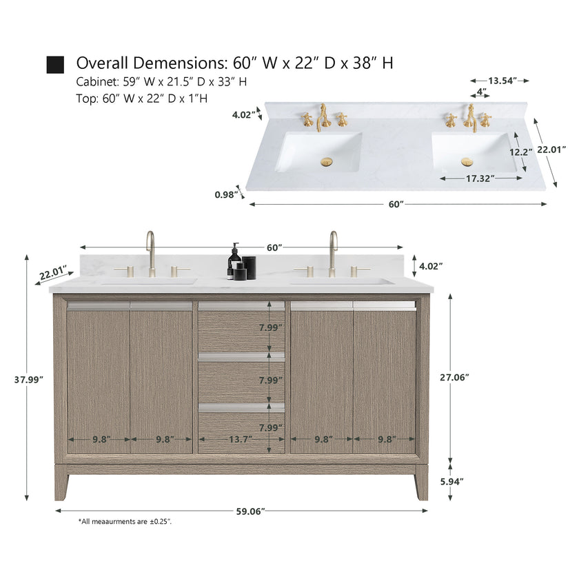 54/60/72 Inch Driftwood Gray Double Sink Bathroom Vanity with Marble Top