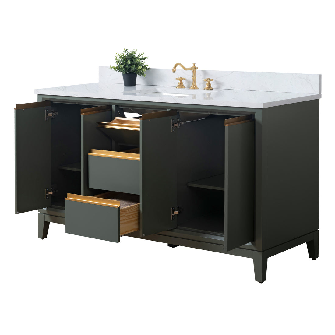 60x22x34" single sink bathroom vanity set in green with marble top, gold handles, and storage cabinet.