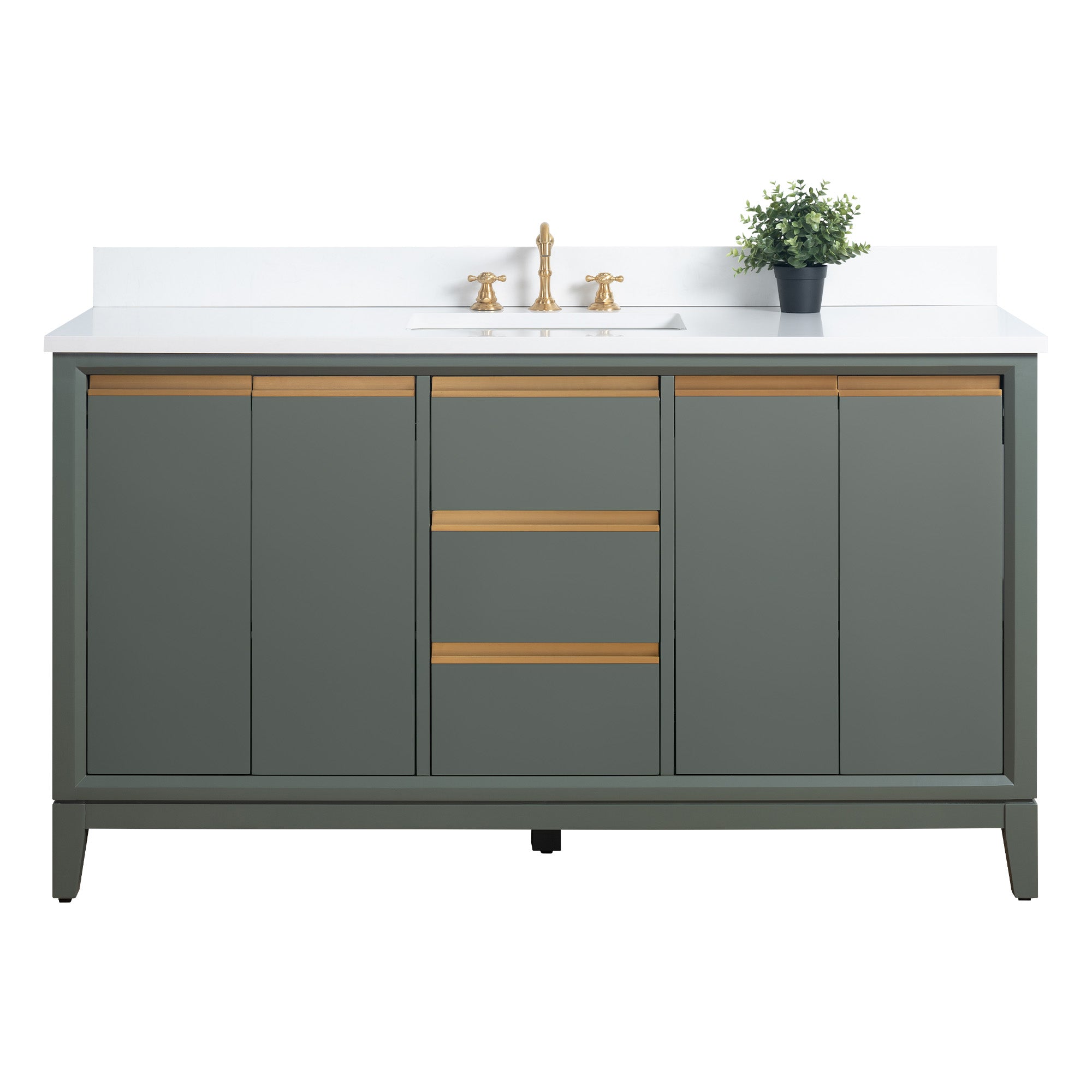 60x22x34" single sink bathroom vanity set in green with marble top, gold handles, and storage cabinet.