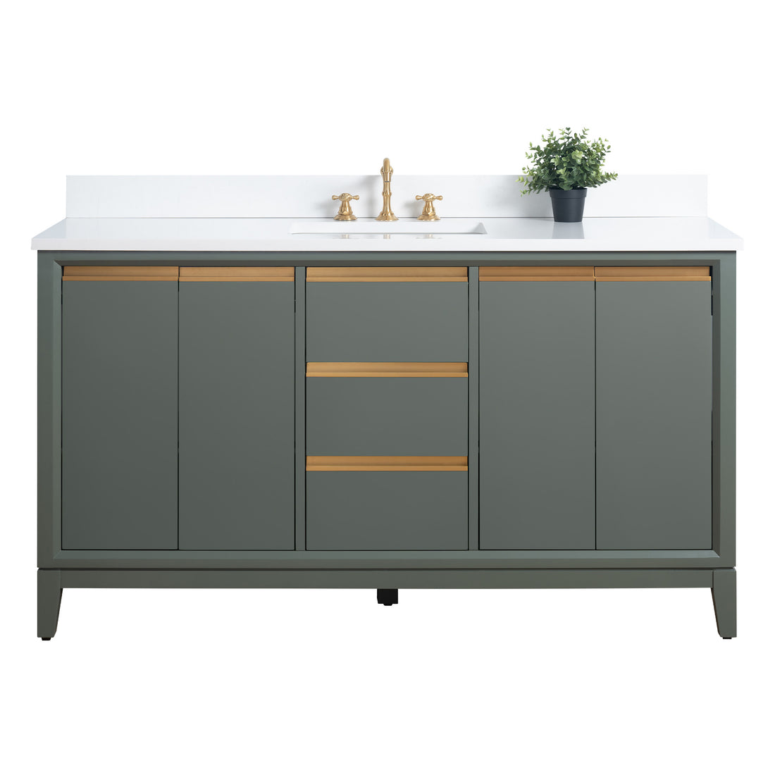 60x22x34" single sink bathroom vanity set in green with marble top, gold handles, and storage cabinet.
