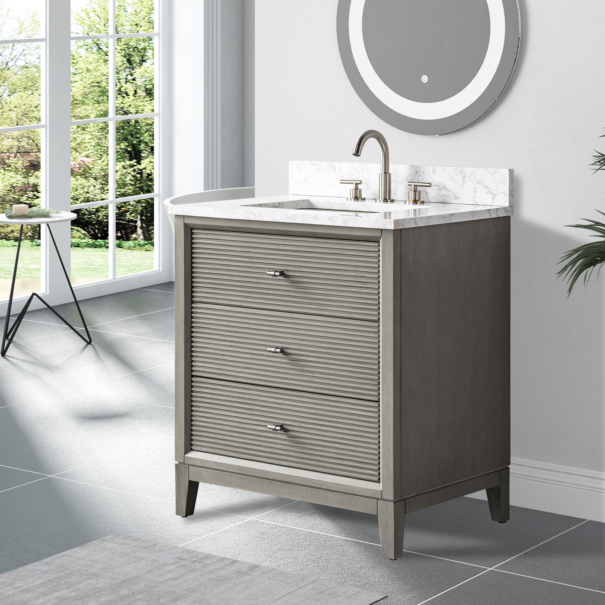 side view of 30x22 Inches Single Sink Freestanding Bathroom Vanity Cabinet with Marble Top