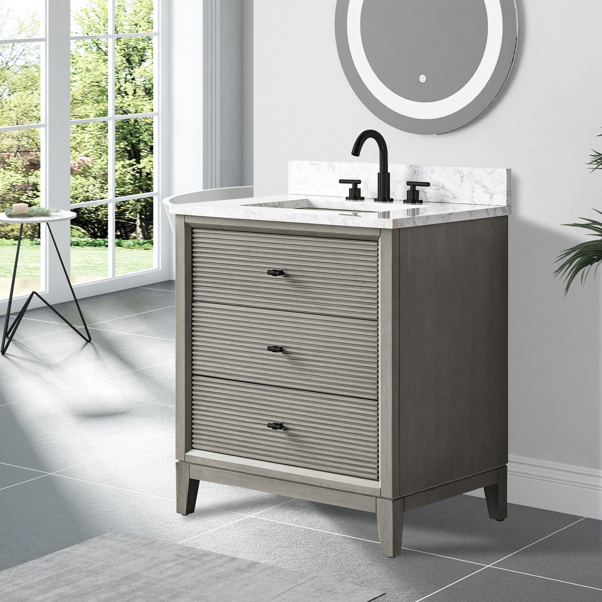 side view of 30x22 Inches Single Sink Freestanding Bathroom Vanity Cabinet with Marble Top