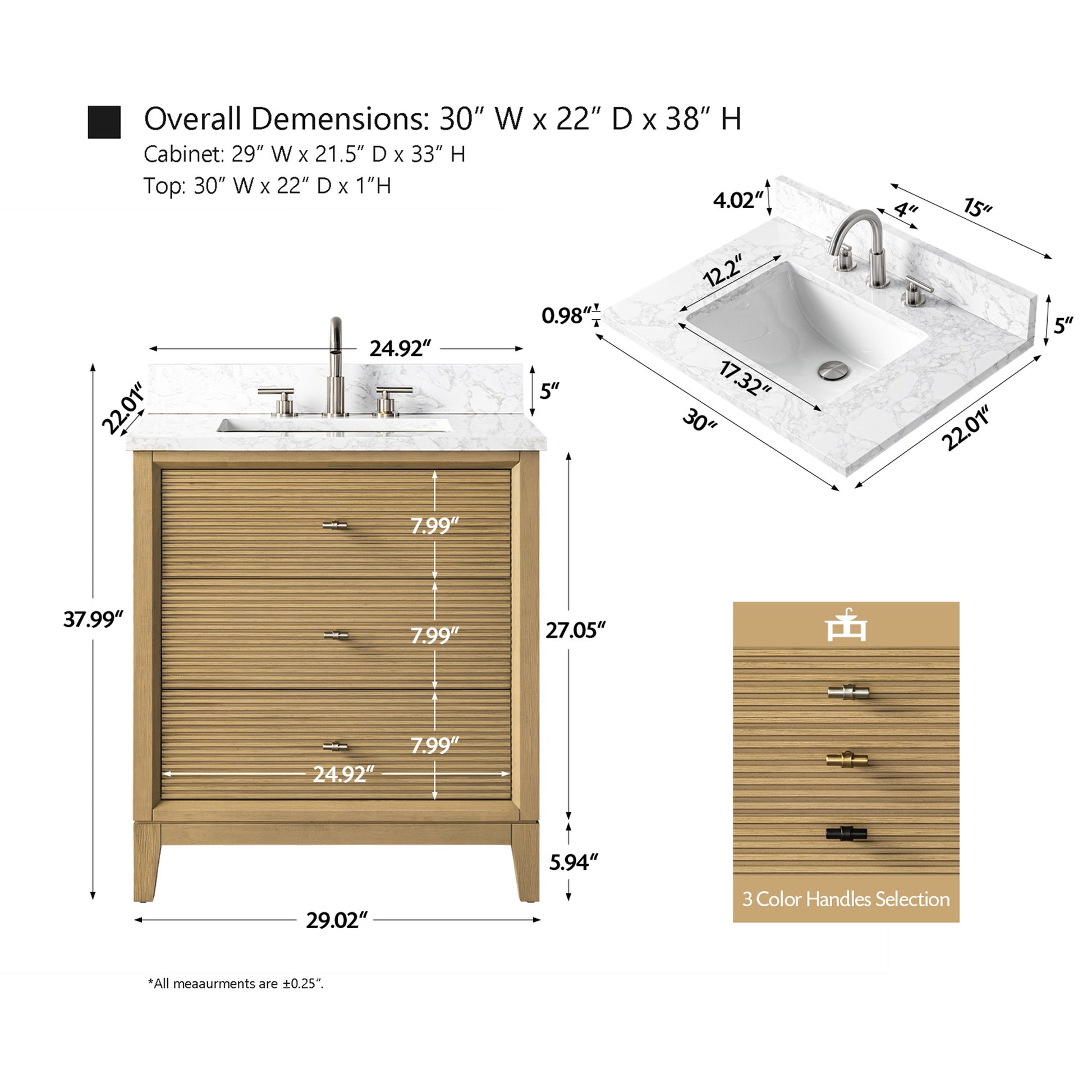 dimensions of 30x22 Inches Single Sink Freestanding Bathroom Vanity Cabinet with Marble Top
