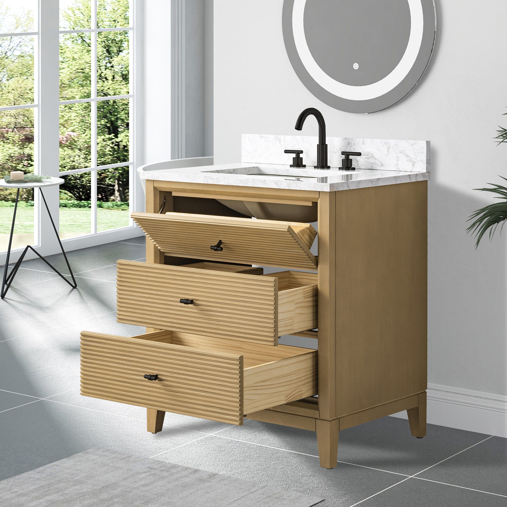 30x22 Inches Single Sink Freestanding Bathroom Vanity Cabinet with Marble Top drawers opened