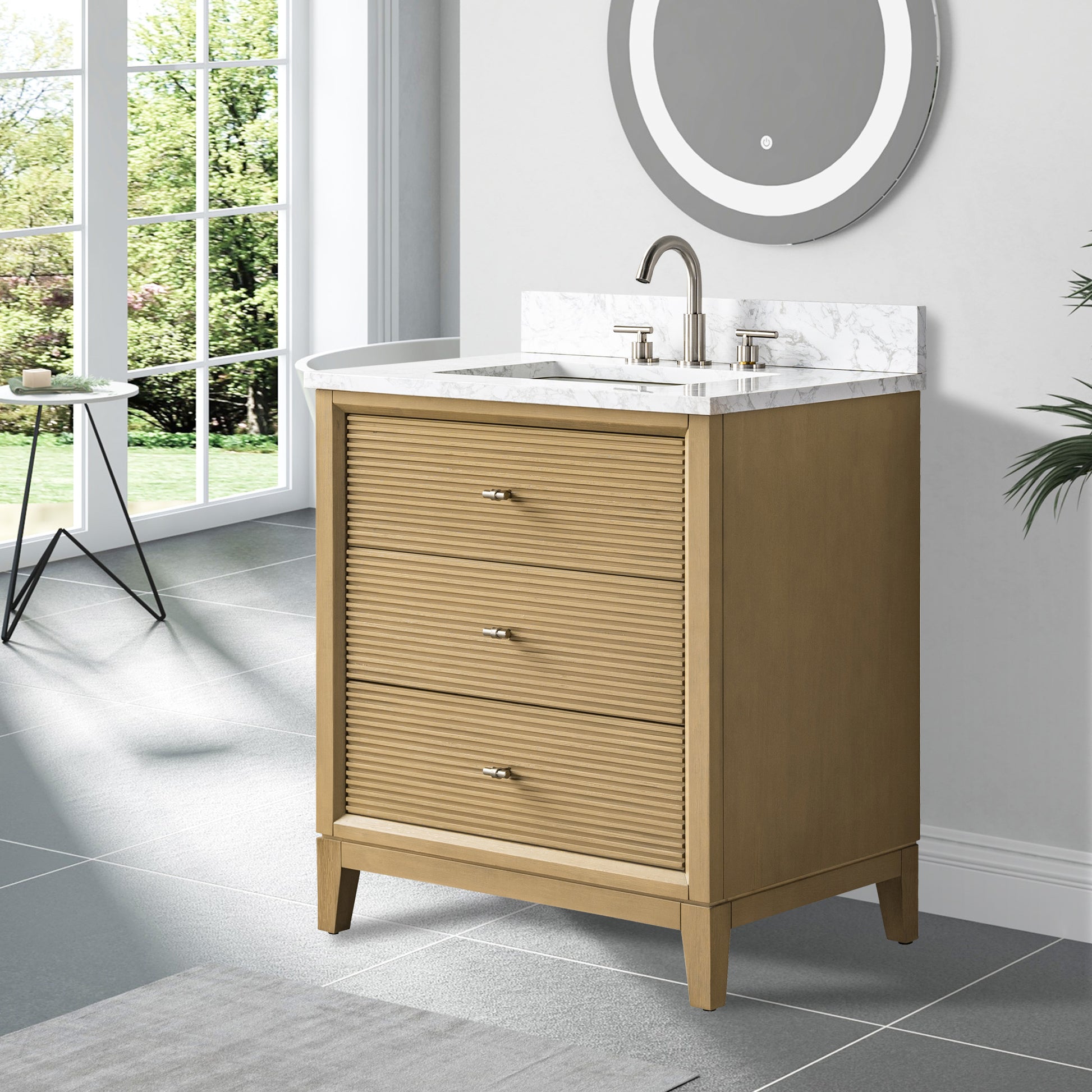side view of 30x22 Inches Single Sink Freestanding Bathroom Vanity Cabinet with Marble Top