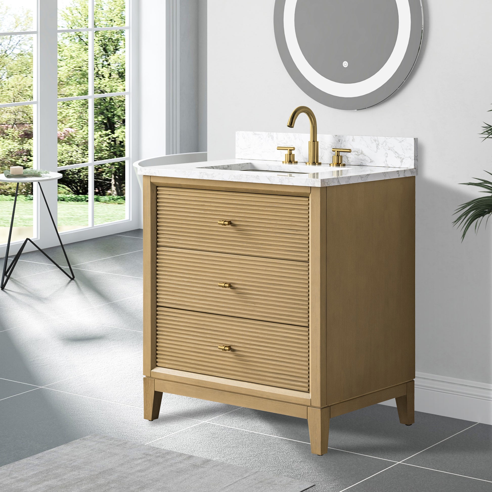 side view of 30x22 Inches Single Sink Freestanding Bathroom Vanity Cabinet with Marble Top