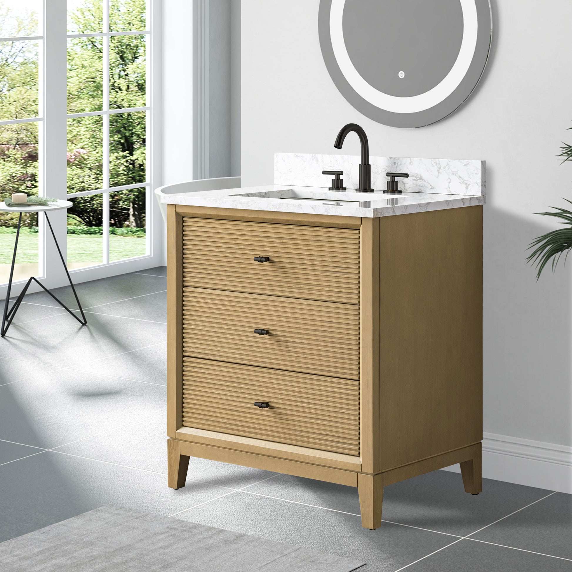 side view of 30x22 Inches Single Sink Freestanding Bathroom Vanity Cabinet with Marble Top