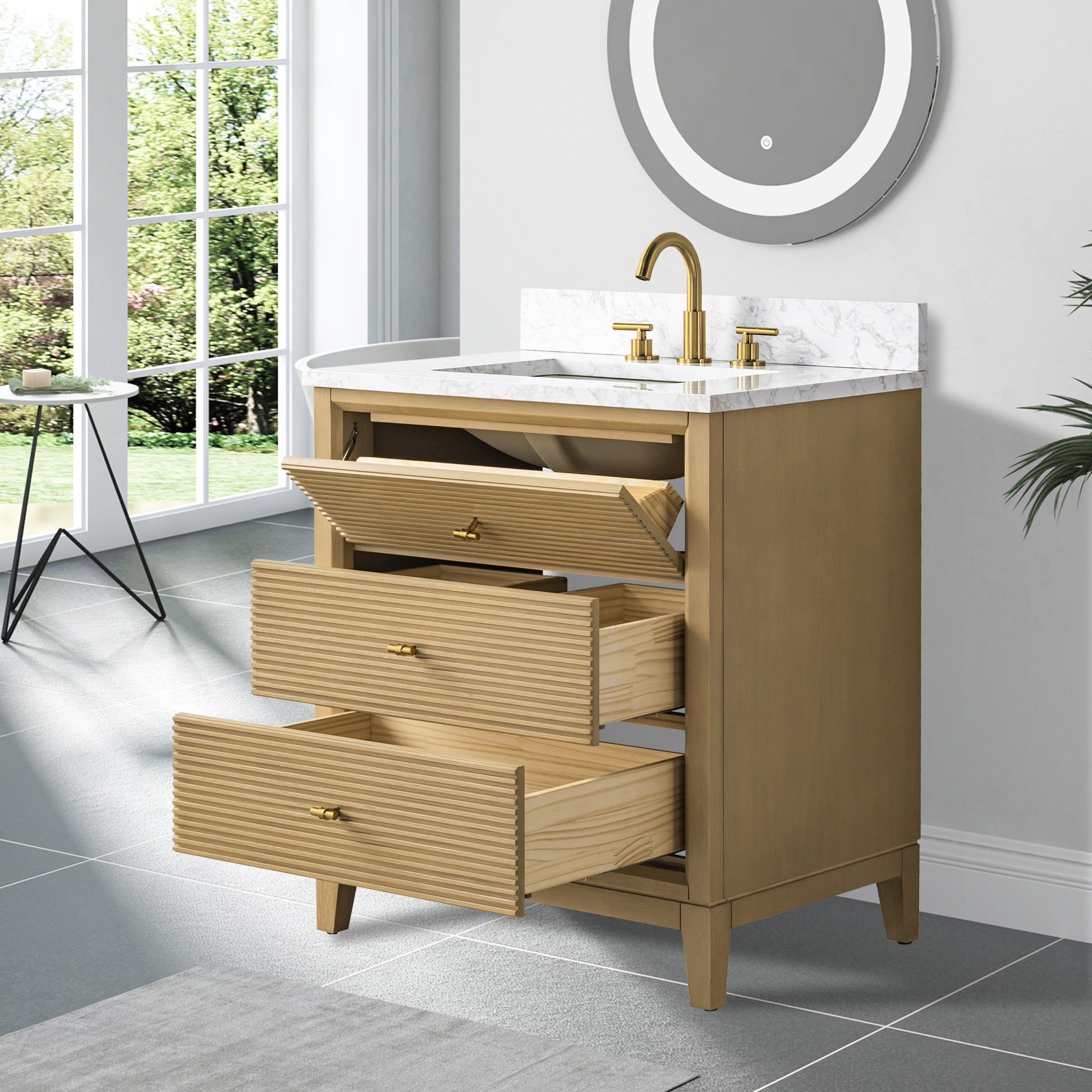 30x22 Inches Single Sink Freestanding Bathroom Vanity Cabinet with Marble Top drawers opened