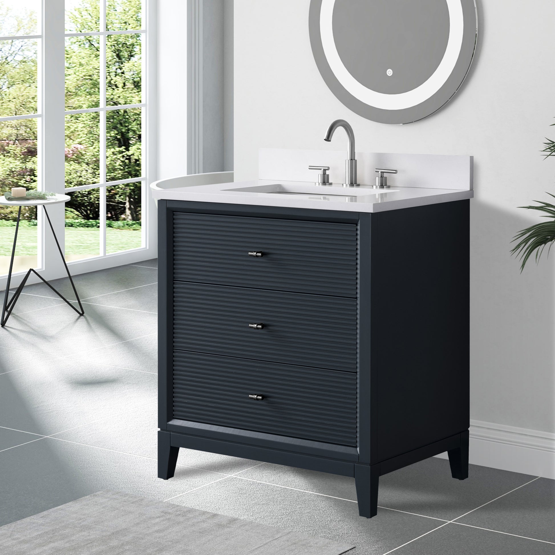 side view of 30x22 Inches Single Sink Freestanding Bathroom Vanity Cabinet with Marble Top