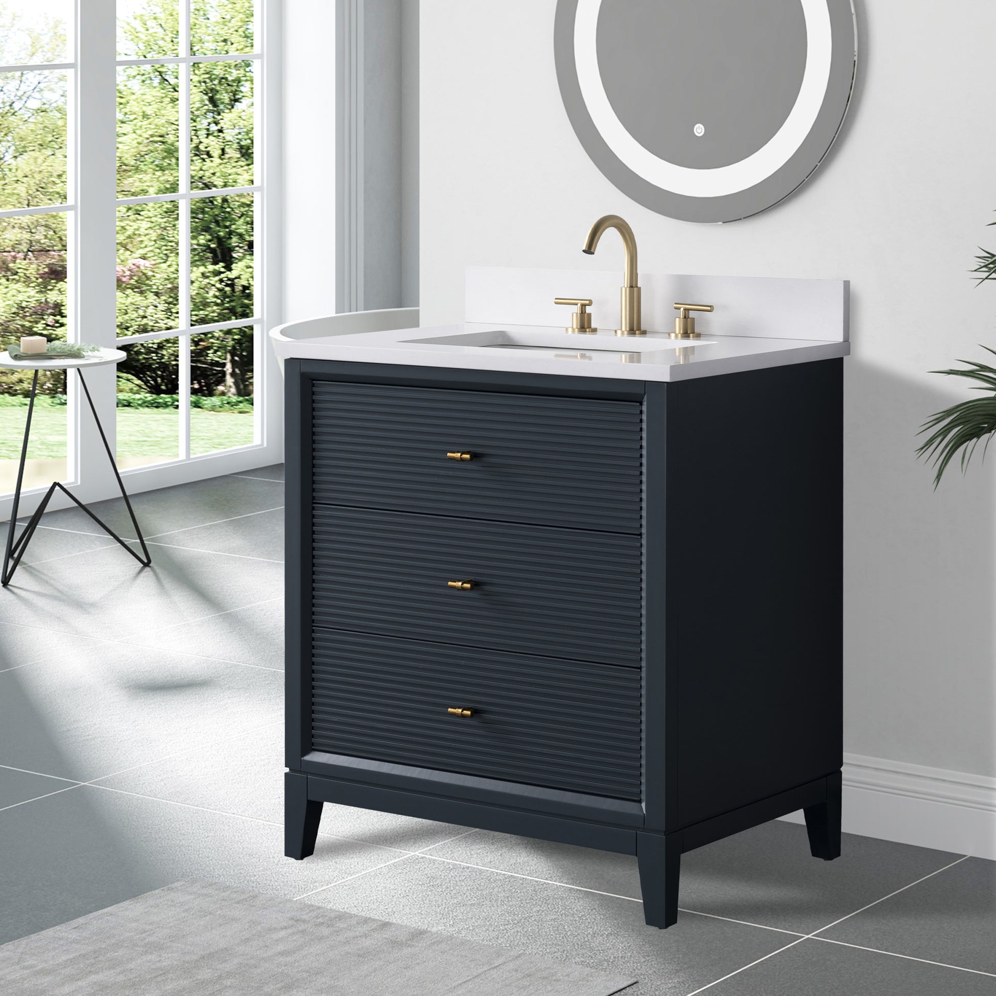 side view of 30x22 Inches Single Sink Freestanding Bathroom Vanity Cabinet with Marble Top