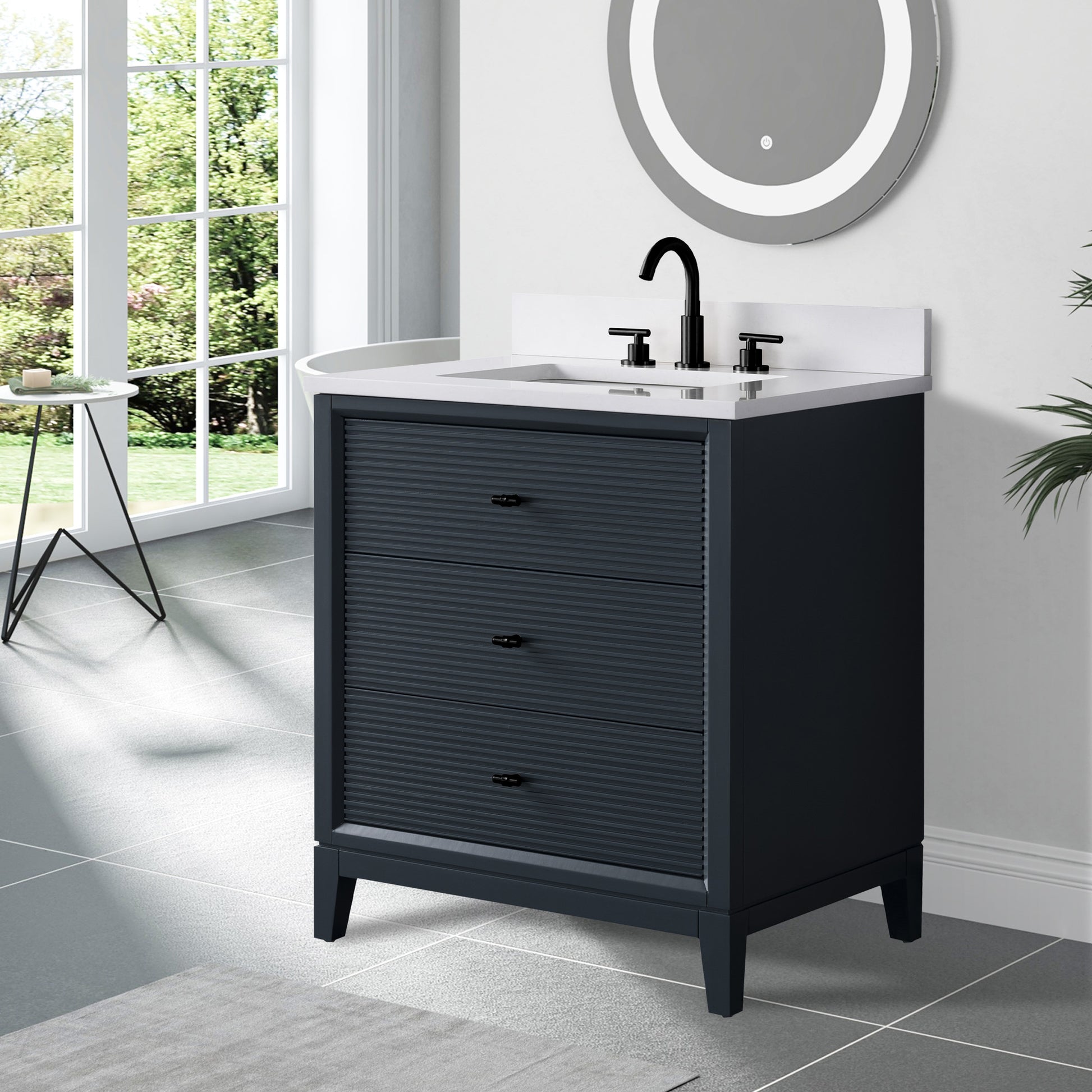side view of 30x22 Inches Single Sink Freestanding Bathroom Vanity Cabinet with Marble Top