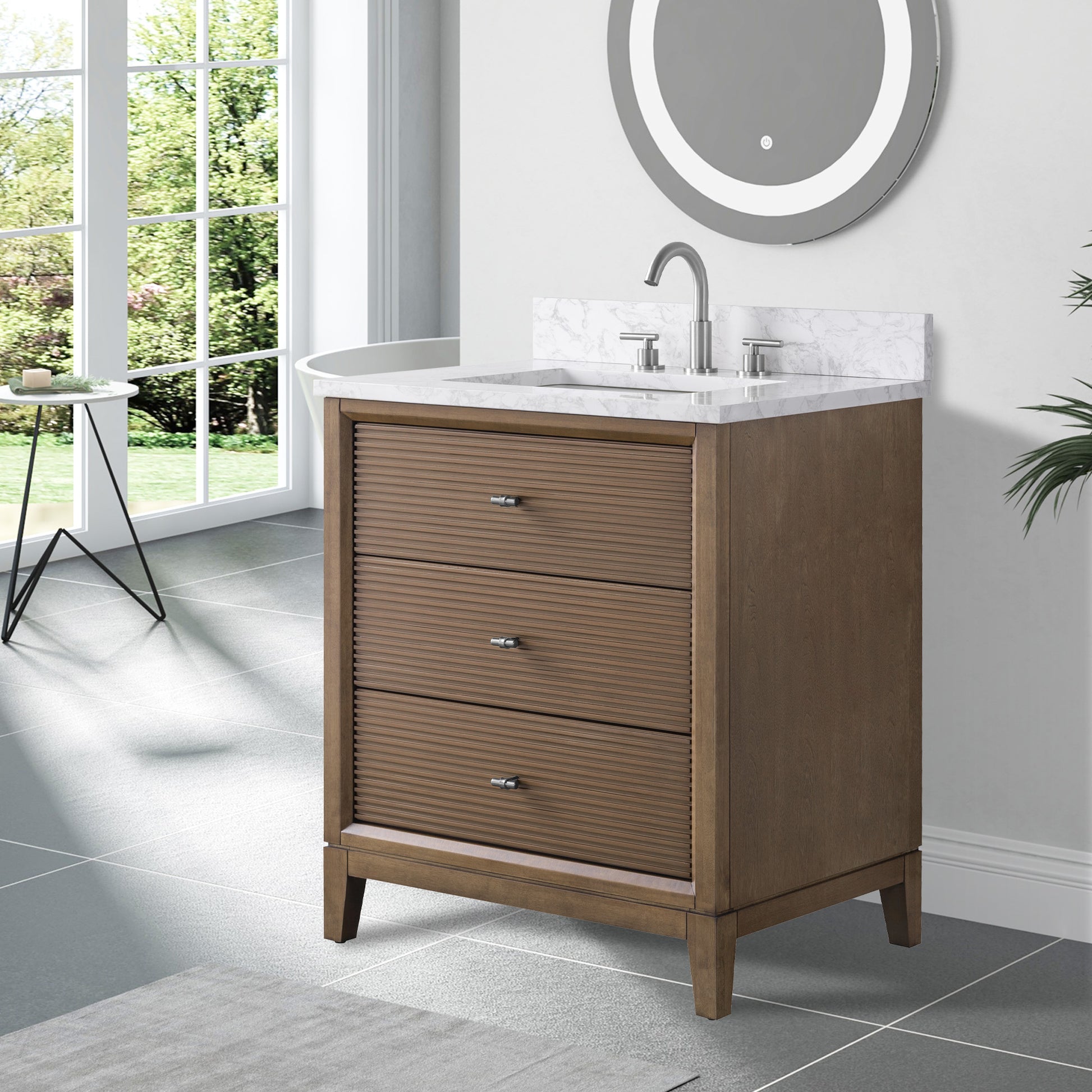 side view of 30x22 Inches Single Sink Freestanding Bathroom Vanity Cabinet with Marble Top