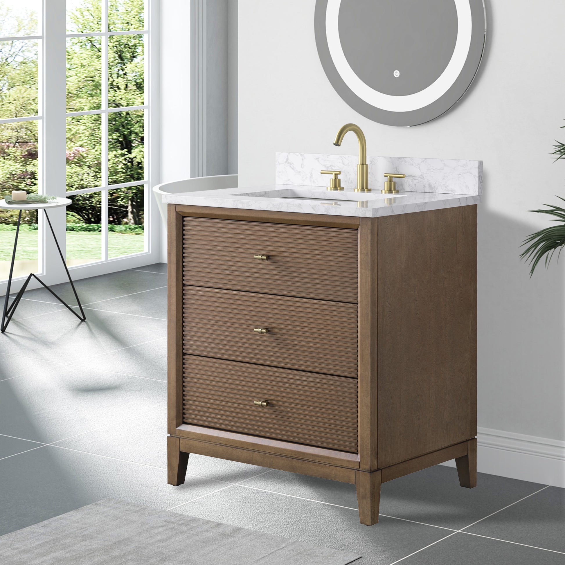 side view of 30x22 Inches Single Sink Freestanding Bathroom Vanity Cabinet with Marble Top