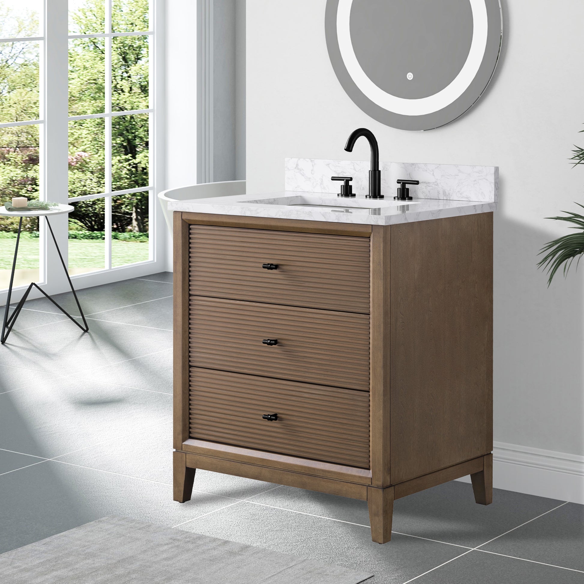 side view of 30x22 Inches Single Sink Freestanding Bathroom Vanity Cabinet with Marble Top