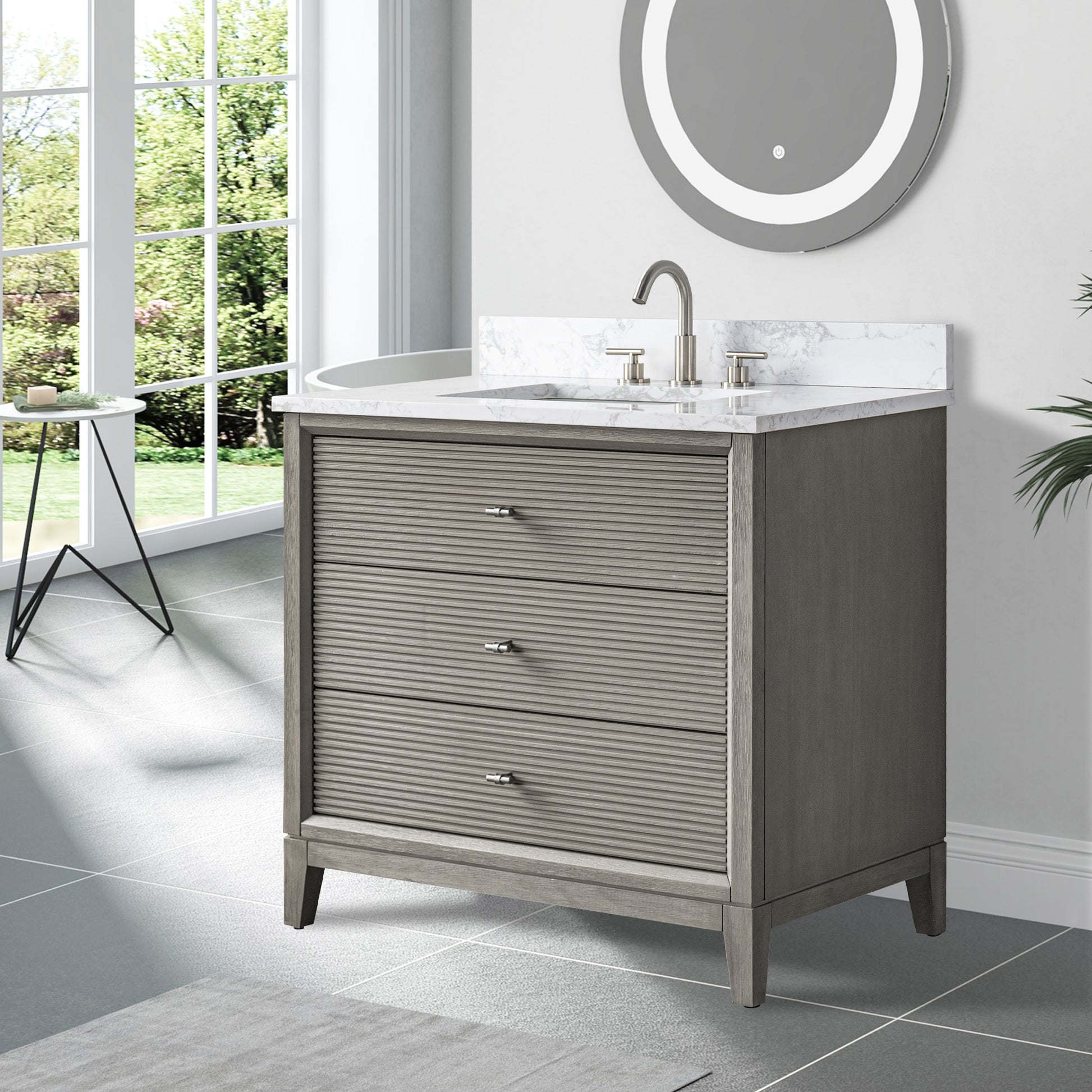 side view of 36x22 Inches Single Sink Freestanding Bathroom Vanity Cabinet with Marble Top